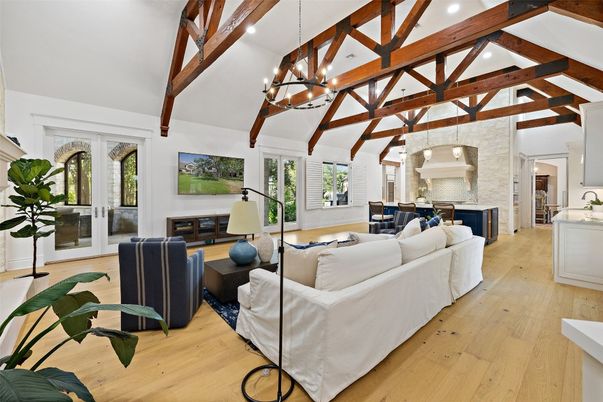 Chandelier, Interior, Kitchen, Living room, Pendant Lights, Recessed Lighting, Wooden Beams, Wood Texture Flooring