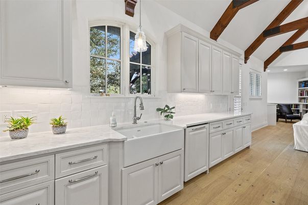 Interior, Kitchen, Pendant Lights, Recessed Lighting, Stainless Steel Appliances, Wooden Beams, Wood Texture Flooring