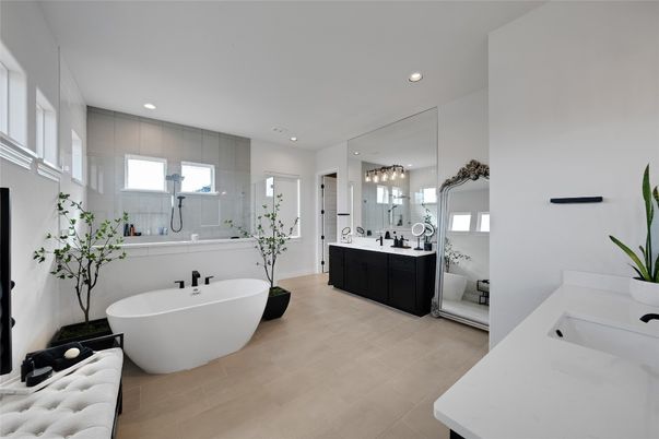Bathroom, Dual Sink Vanities, Free Standing Baths, Glass Shower, Interior, Recessed Lighting