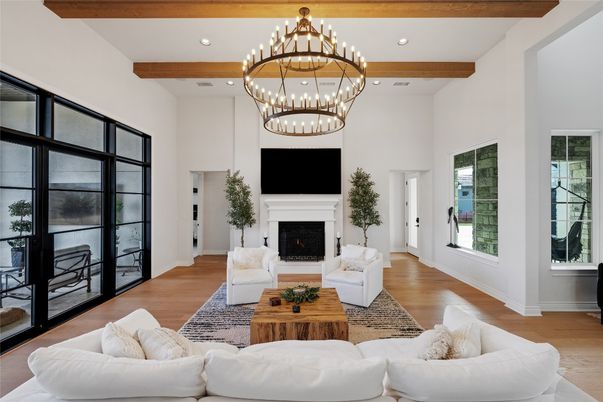 Chandelier, Fireplace, Interior, Living room, Pendant Lights, Recessed Lighting, Wooden Beams, Wood Texture Flooring