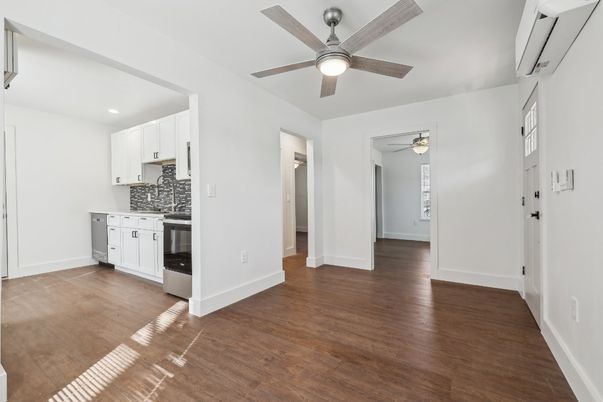 Empty room, Interior, Kitchen, Recessed Lighting, Wood Texture Flooring