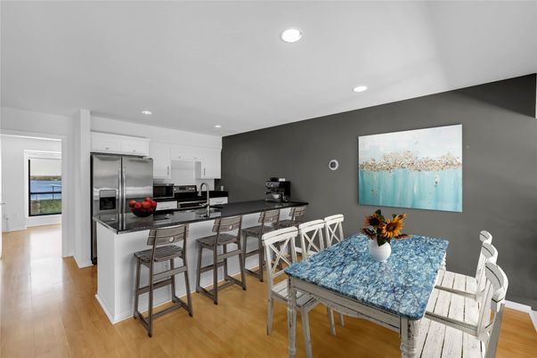 Dining room, Interior, Kitchen, Recessed Lighting, Stainless Steel Appliances, Wood Texture Flooring