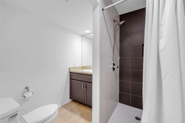 Bathroom, Interior, Recessed Lighting, Wood Texture Flooring