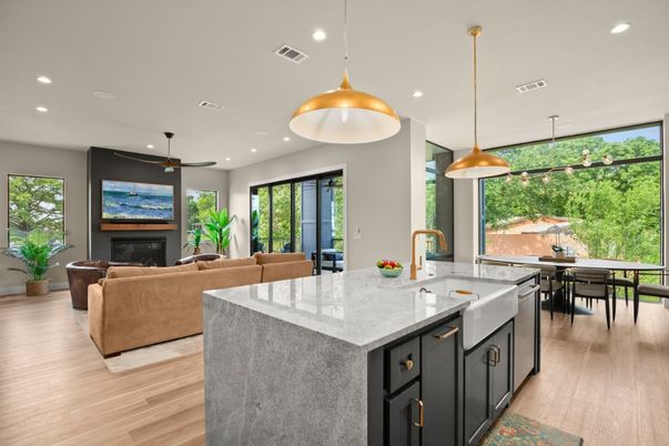 Dining room, Fireplace, Interior, Kitchen, Living room, Pendant Lights, Recessed Lighting, Wood Texture Flooring