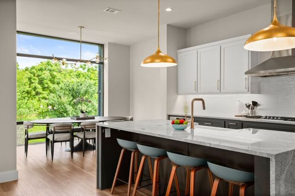 Dining room, Interior, Kitchen, Pendant Lights, Recessed Lighting, Stainless Steel Appliances, Wood Texture Flooring