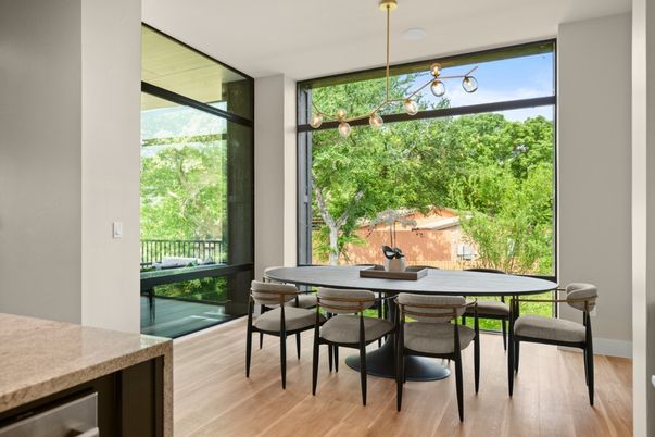 Dining room, Interior, Pendant Lights, Wood Texture Flooring
