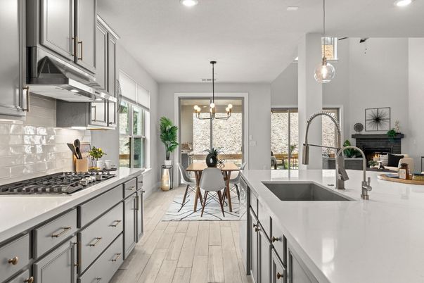 Chandelier, Dining room, Fireplace, Interior, Kitchen, Pendant Lights, Recessed Lighting, Wood Texture Flooring