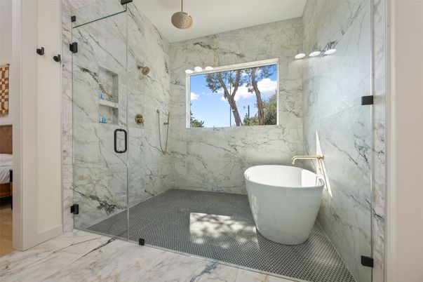 Bathroom, Free Standing Baths, Glass Shower, Interior, Marble, Marble Walls
