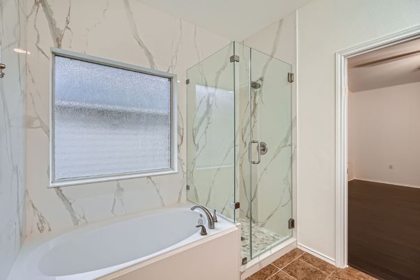 Bathroom, Glass Shower, Interior, Marble Walls, Wood Texture Flooring