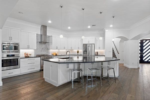Interior, Kitchen, Pendant Lights, Recessed Lighting, Stainless Steel Appliances, Wood Texture Flooring