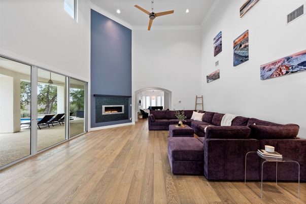 Fireplace, Interior, Living room, Recessed Lighting, Wood Texture Flooring