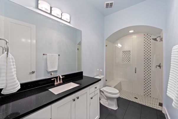 Bathroom, Glass Shower, Interior, Recessed Lighting, Wood Texture Flooring