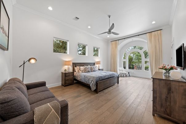 Bedroom, Interior, Recessed Lighting, Wood Texture Flooring