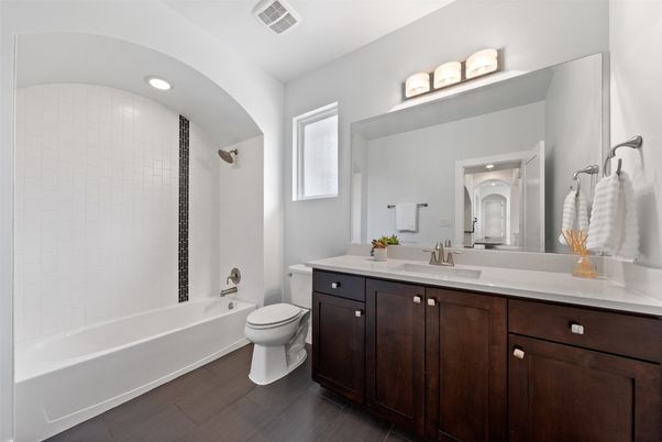 Bathroom, Dual Sink Vanities, Interior, Recessed Lighting, Wood Texture Flooring