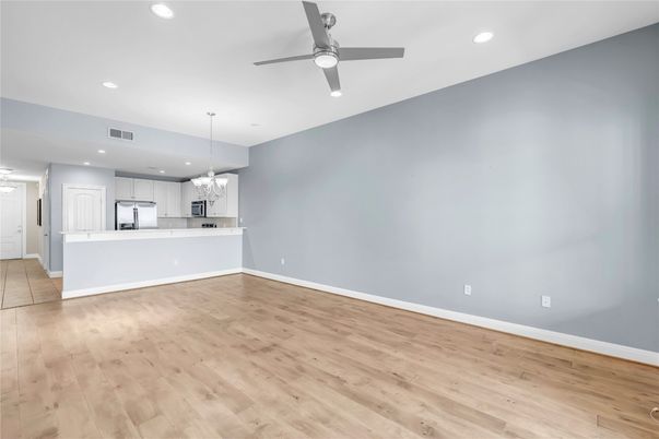 Chandelier, Empty room, Interior, Kitchen, Recessed Lighting, Wood Texture Flooring
