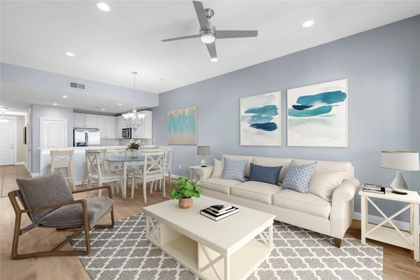 Chandelier, Dining room, Interior, Kitchen, Living room, Recessed Lighting, Stainless Steel Appliances, Wood Texture Flooring