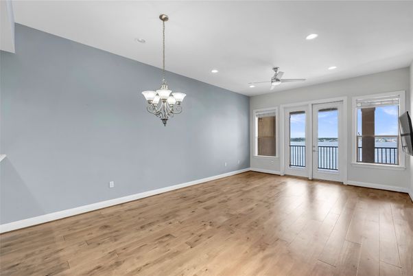 Chandelier, Empty room, Interior, Recessed Lighting, Water, Wood Texture Flooring