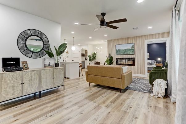 Interior, Living room, Pendant Lights, Recessed Lighting, Wood Texture Flooring