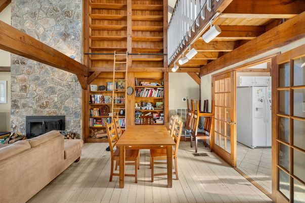 Dining room, Fireplace, Interior, Living room, Stone Walls, Wooden Beams, Wooden Ceilings, Wood Texture Flooring