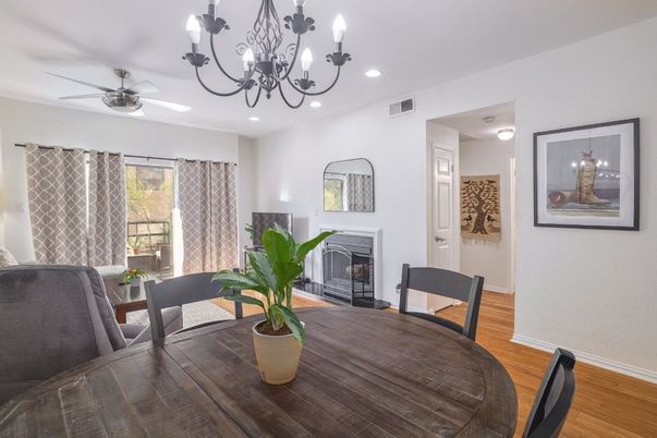 Chandelier, Dining room, Fireplace, Interior, Recessed Lighting, Wood Texture Flooring