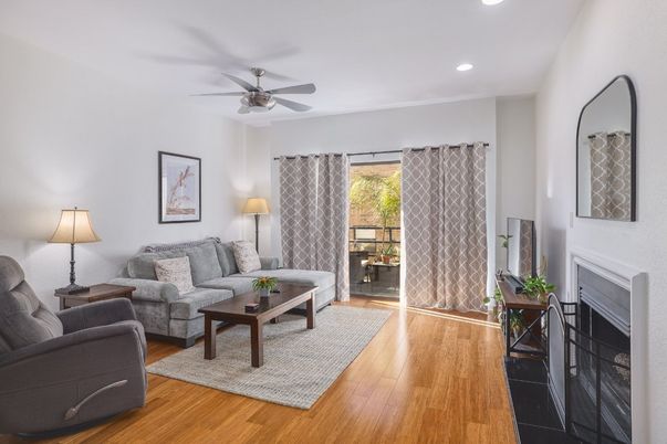 Fireplace, Interior, Living room, Recessed Lighting, Wood Texture Flooring