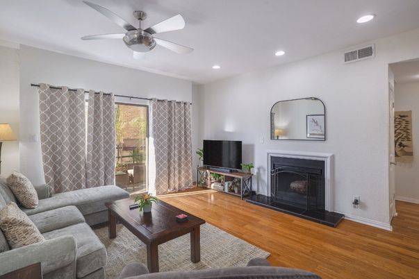 Fireplace, Interior, Living room, Recessed Lighting, Wood Texture Flooring