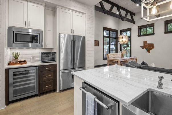 Dining room, Interior, Kitchen, Pendant Lights, Stainless Steel Appliances, Wood Texture Flooring
