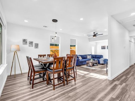 Dining room, Interior, Living room, Pendant Lights, Recessed Lighting, Wood Texture Flooring