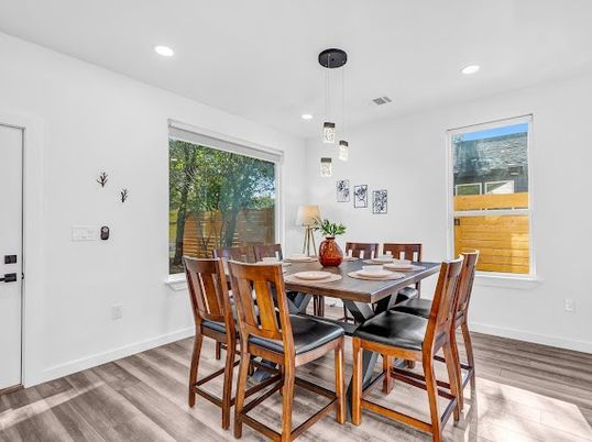 Dining room, Interior, Pendant Lights, Recessed Lighting, Wood Texture Flooring