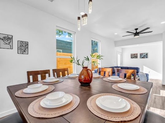 Dining room, Interior, Pendant Lights, Recessed Lighting, Wood Texture Flooring