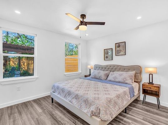Bedroom, Interior, Recessed Lighting, Wood Texture Flooring