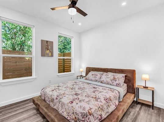 Bedroom, Interior, Recessed Lighting, Wood Texture Flooring