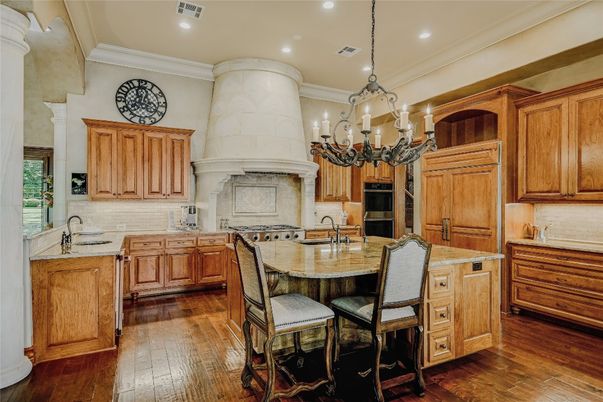 Chandelier, Interior, Kitchen, Recessed Lighting, Stainless Steel Appliances, Wood Texture Flooring