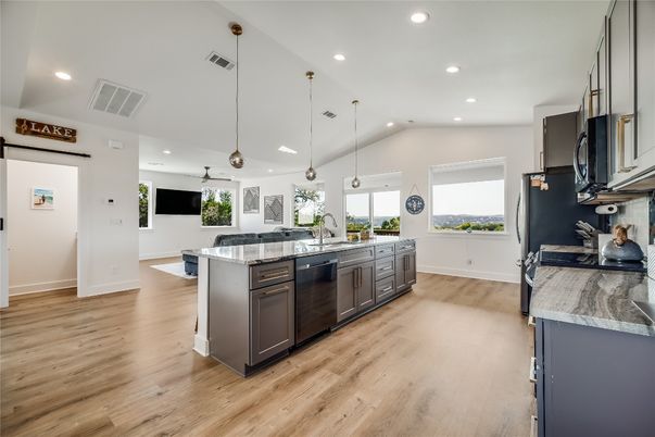 Interior, Kitchen, Pendant Lights, Recessed Lighting, Wood Texture Flooring