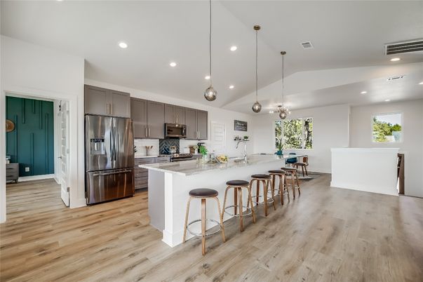 Interior, Kitchen, Pendant Lights, Recessed Lighting, Stainless Steel Appliances, Wood Texture Flooring
