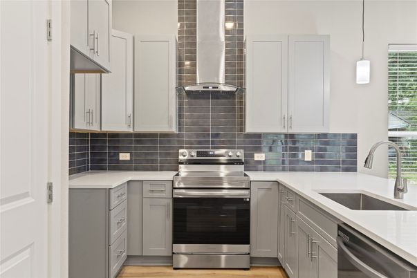 Interior, Kitchen, Pendant Lights, Stainless Steel Appliances, Wood Texture Flooring