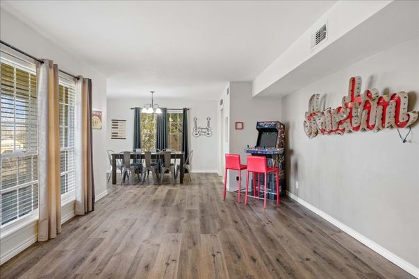 Dining room, Interior, Pendant Lights, Wood Texture Flooring