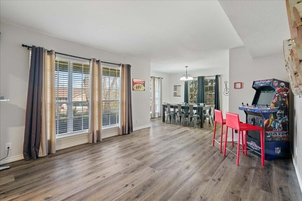 Dining room, Interior, Pendant Lights, Wood Texture Flooring