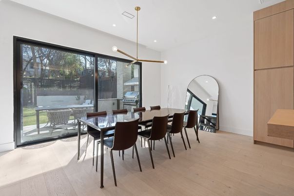 Dining room, Interior, Pendant Lights, Recessed Lighting, Wood Texture Flooring