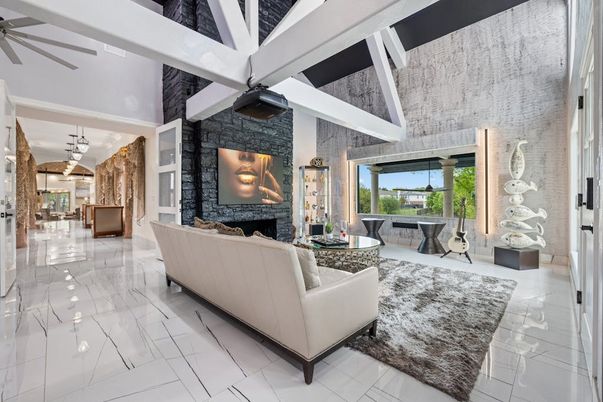 Fireplace, Interior, Living room, Marble, Pendant Lights, Stone Walls