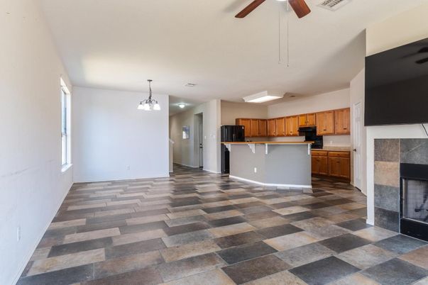 Fireplace, Interior, Kitchen, Pendant Lights