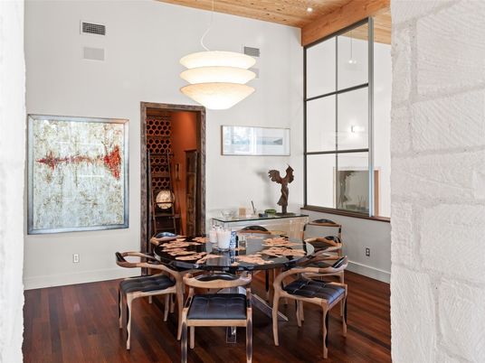 Dining room, Interior, Pendant Lights, Recessed Lighting, Wood Texture Flooring