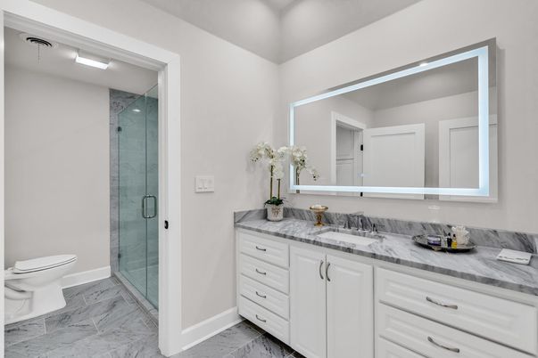 Bathroom, Dual Sink Vanities, Glass Shower, Interior, Marble