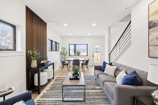 Dining room, Interior, Living room, Recessed Lighting, Wood Texture Flooring