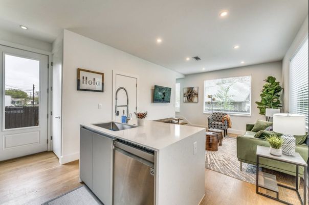 Interior, Kitchen, Living room, Recessed Lighting, Wood Texture Flooring