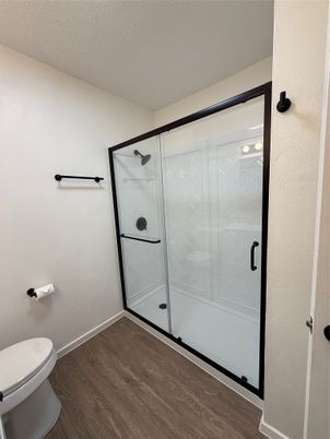 Bathroom, Glass Shower, Interior, Wood Texture Flooring
