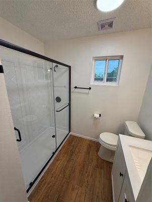 Bathroom, Glass Shower, Interior, Wood Texture Flooring