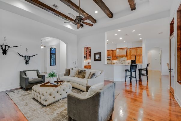 Interior, Kitchen, Living room, Recessed Lighting, Wooden Beams, Wood Texture Flooring