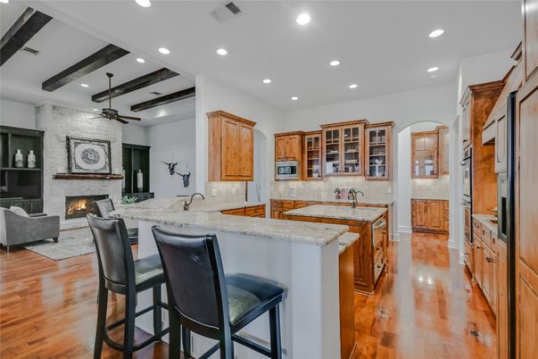 Fireplace, Interior, Kitchen, Living room, Recessed Lighting, Wooden Beams, Wood Texture Flooring