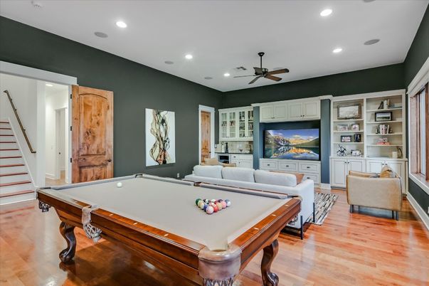 Billiard Table, Game Room, Interior, Recessed Lighting, Wood Texture Flooring